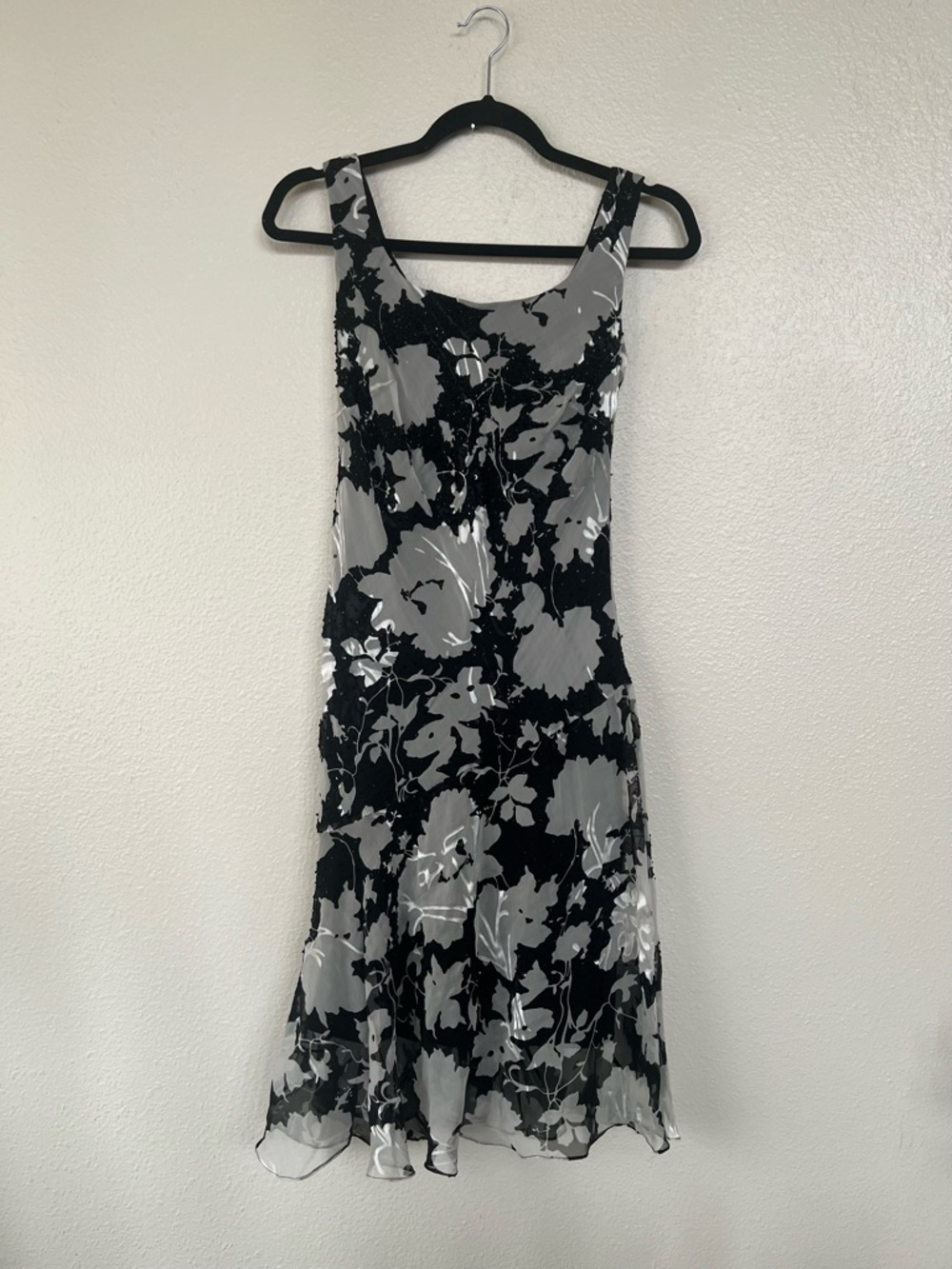 Y2K Whimsical Black and White Overlay Midi Beaded Sheer Floral Slip Dress - Picture 7 of 7